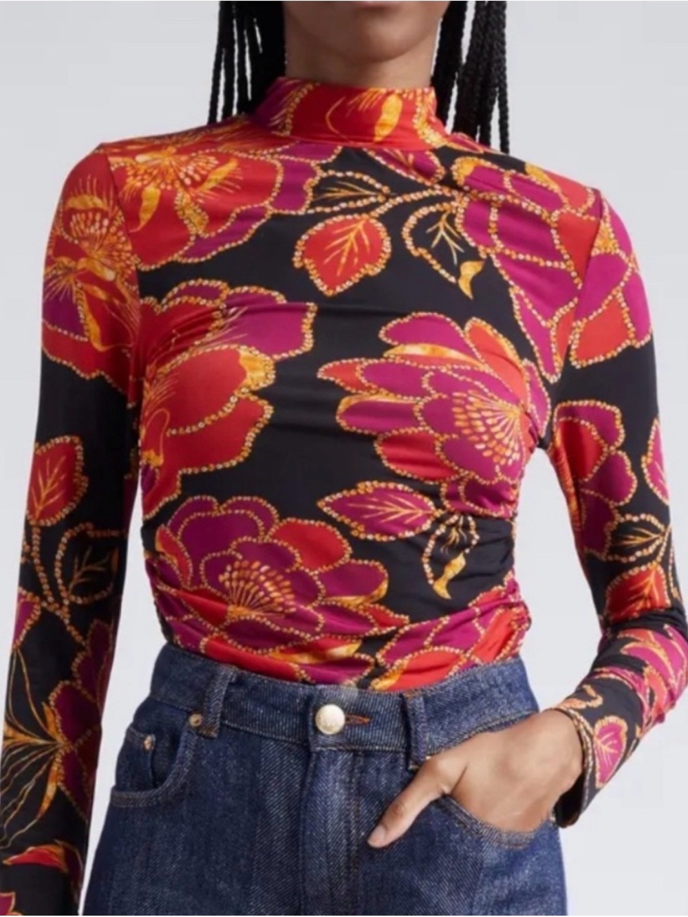 FARM Rio Shiny Chita Print Ruched Sides Floral Jersey Top Size Large